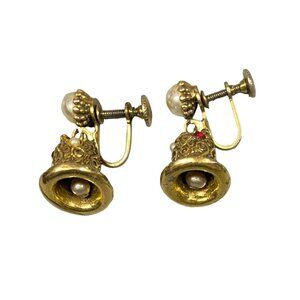 Rare Vintage Gold Tone Jingle Bell and Faux Pearl Dangle Clip on Earrings Christ